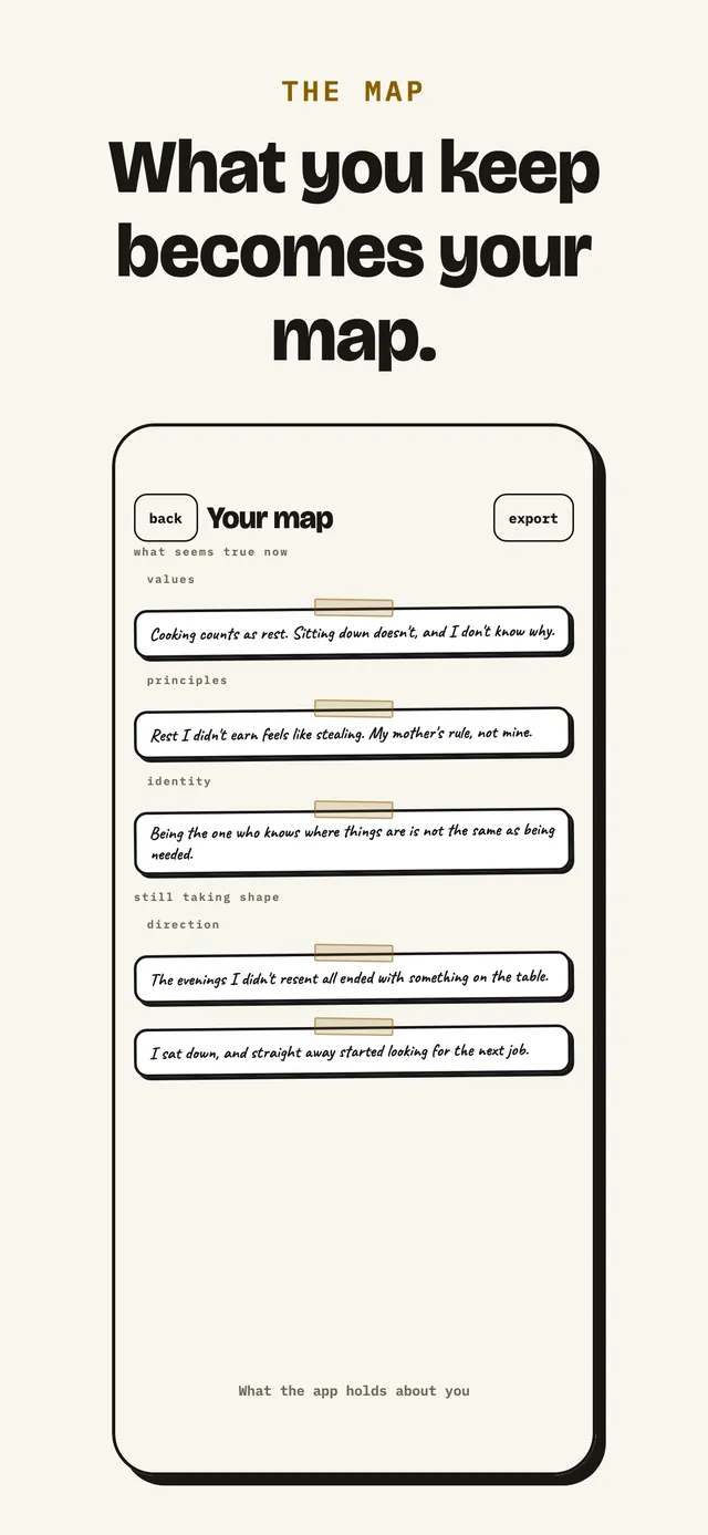 Cohesive on an iPhone: the map screen, with the kept lines under values, principles, identity and direction